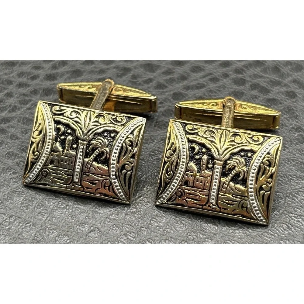 Vintage Damascene Gold Tone Ornate Rectangular Cufflinks Palace Palm Tree Moon